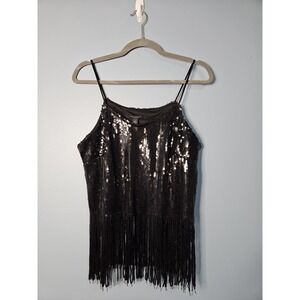 MARK NY Black Sequin Fringe Tank Top Party Cocktail Evening Glam Cami Y2K  rave